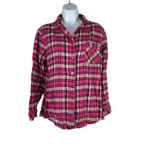 Adonna Womens Pink Plaid Flannel Button Up Shirt Size Medium Cotton Sleepwear